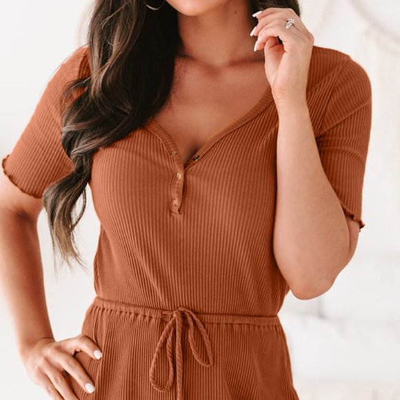 Ribbed Ruffled Button V Neck Drawstring High Waist Romper - Picture 5 of 5